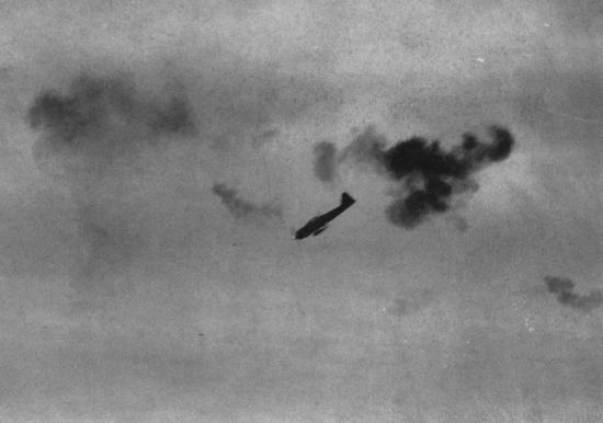 An A6M5 "Zero" diving towards American ships in the Philippines in early 1945