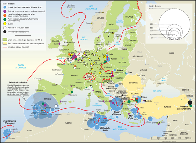 Come si evince dalla mappa (pubblicata sul mensile francese “Le Monde Diplomatique” e ampiamente basata sulla ricerca condotta da UNITED), gran parte dei decessi documentati di rifugiati avviene tra l’Africa e la Spagna nello Stretto di Gibilterra, intorno a Malta e verso l’Italia. Molti muoiono per annegamento nel Mediterraneo prima di raggiungere l’Europa. <br />
Fonte no-fortress-europe.org