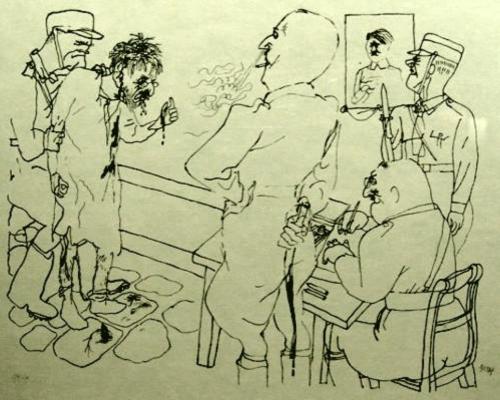 Dessin de Georges Grosz présentant l'interrogatoire de Mûsham par des SA au camp d'Orianenburg.