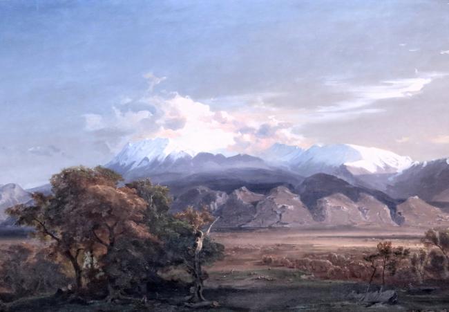 Où, rose pâle, les sommets brillent. <br />
Carl Rottmann - 1841 (Paysage de Laconie)