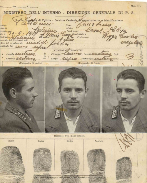 Scheda segnaletica di Fausto Pattacini, nome di battaglia “Sintoni”, perseguitato politico, combattente repubblicano nella guerra di Spagna, comandante garibaldino nel reggiano.